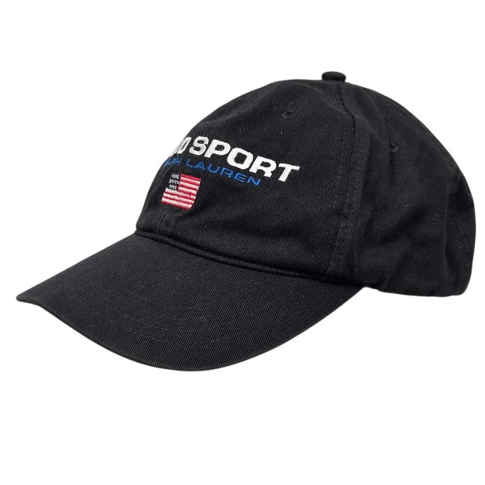 Vintage 90's Polo Sport Ralph Lauren Hat Mens Black Embroidered Flag Strapback